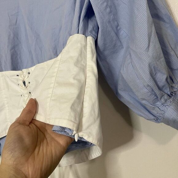 1.STATE blue pinstripe corset cinched long sleeve blouse top size Medium - Picture 3 of 7